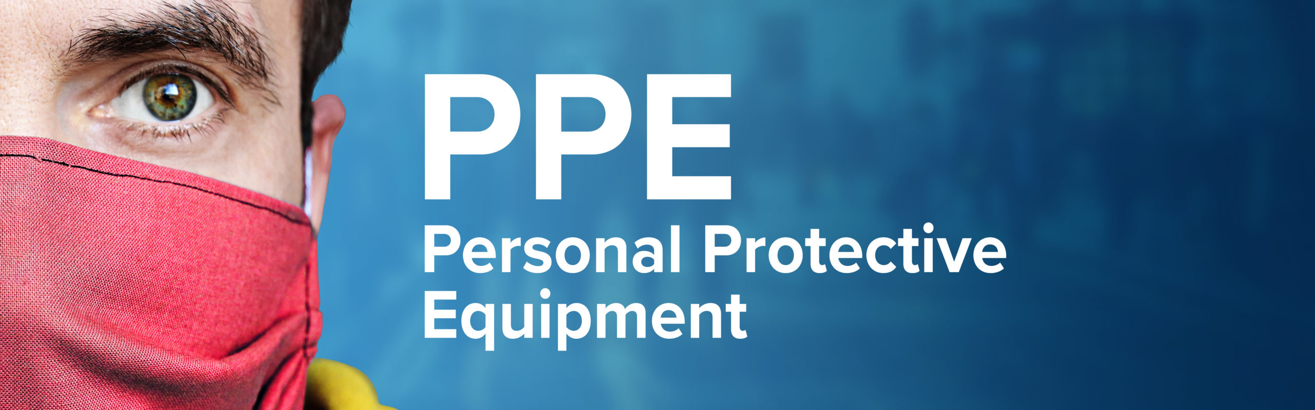 Personal Protective Equipment (PPE). Man wearing face mask (Respirator). Blue background with people. Corona, disease, medicine, health, virus